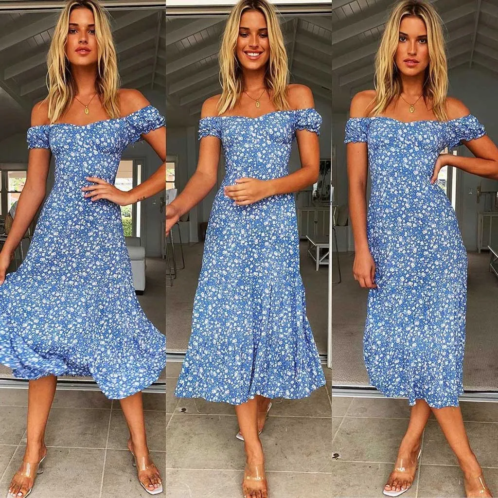 

Fashion Women SingleSshoulder Short Sleeve Broken Flowers Print Loose Dress