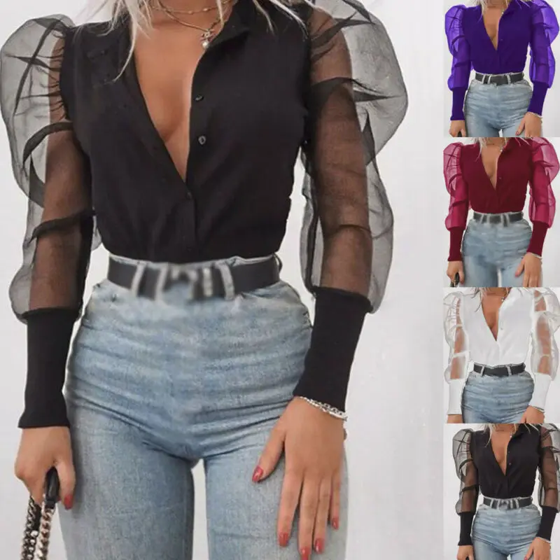 

Fashion Women Mesh Sheer Long Puff Sleeve Blouse Solid V neck Shirts Single Breasted Causal Blouse Women Tops