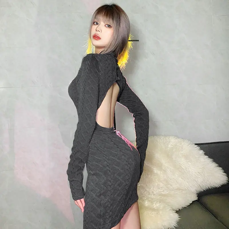 

Women's Retro Niche Black Knit Cheongsam Dress Design Sense Carefully Machine Hollow Out Thin Open Back Sexy Sheath Dress Female