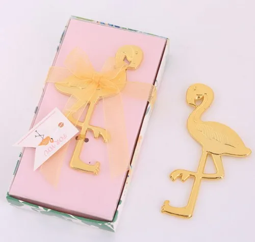 (10 шт./лот) Свадебные сувениры Золотая бутылка с Фламинго открывалка для