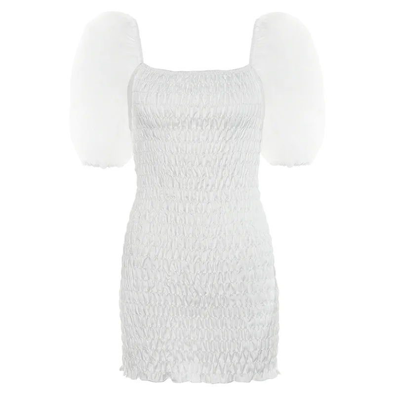 

2020 New Arrivals White Mesh Dress Women Summer Pleated Tight Dress Puff Short Sleeve Sexy Party Dresses Vestidos