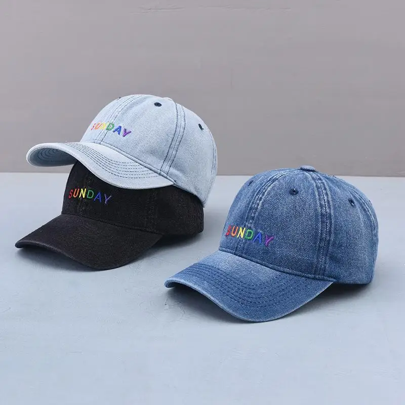 

2021 Four Seasons Washed Denim Letter Sunday Embroidery Casquette Baseball Cap Adjustable Snapback Hats for Men and Women 112