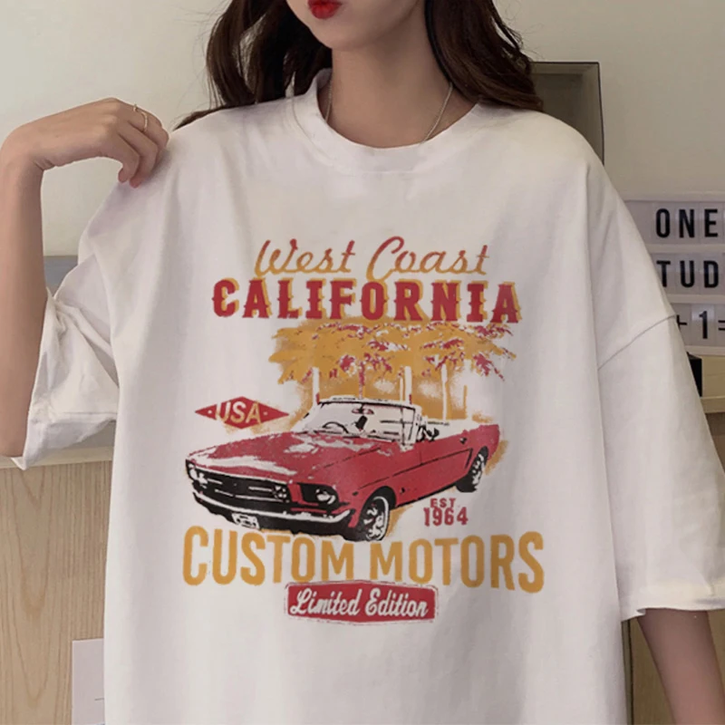 

Branco oversized t camisa das mulheres 2021 verão harajuku carta impressão do carro de manga curta gráfico camisa femme mais