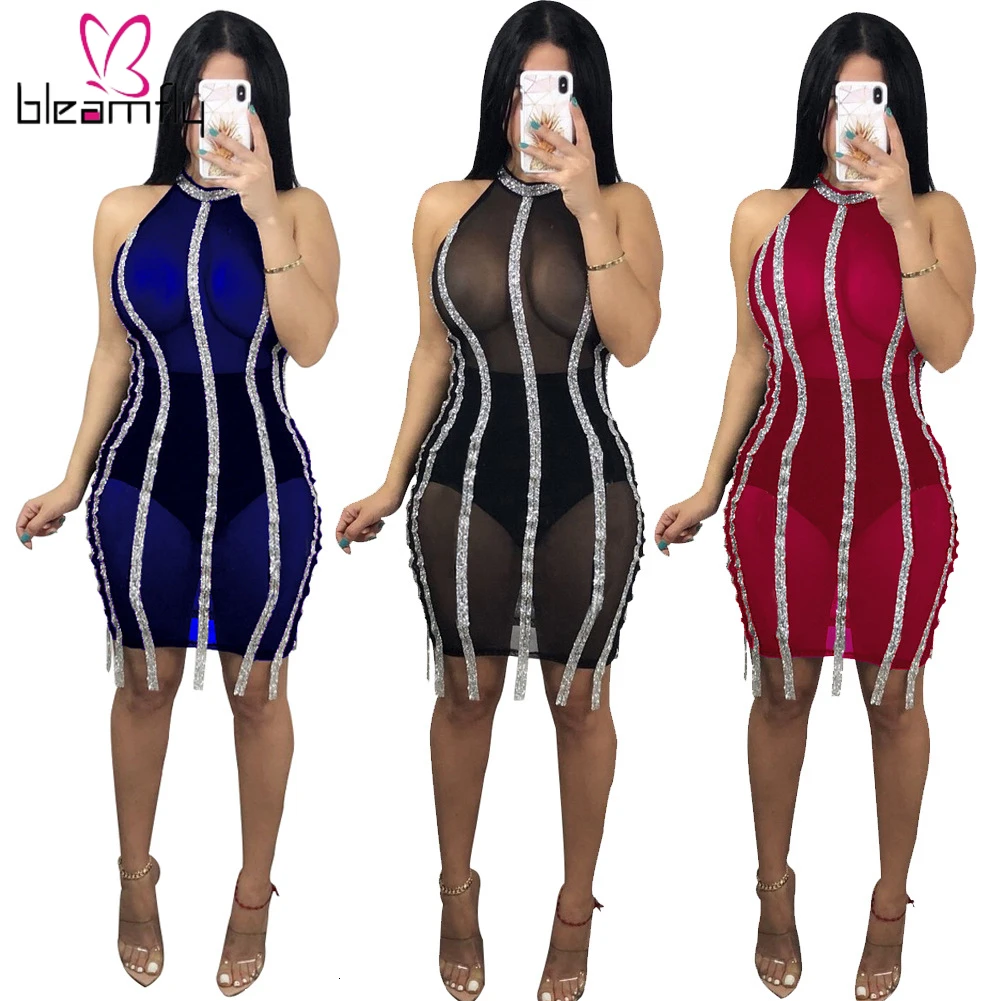 2019 женское летнее Сетчатое платье с прозрачными блестками мини облегающее