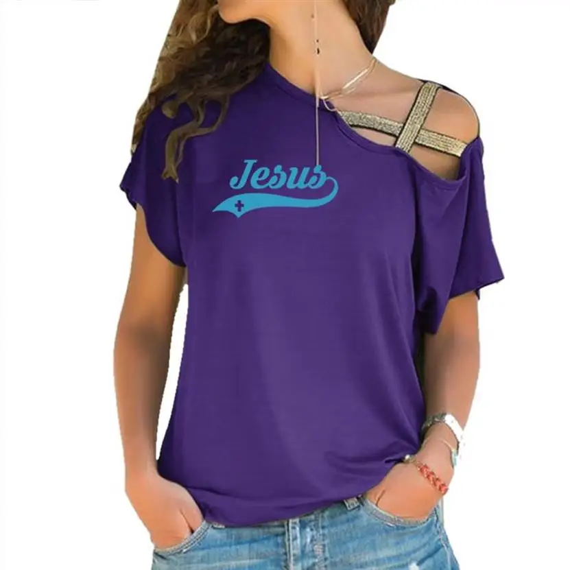 

Juses Print Christian Women T Shirt Slash Neck T Shirt Ladies Casual T-shirt Summer Casual Irregular Skew Cross Bandage Tops