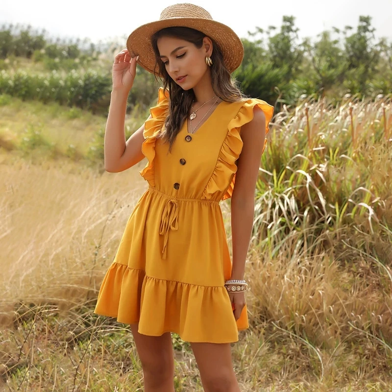 

Casual Dress Female Sundress Sleeveless Ruffled Lace-up Button 2021 Summer Dress For Women Sweet Waist A-line Slim Midi Dresses