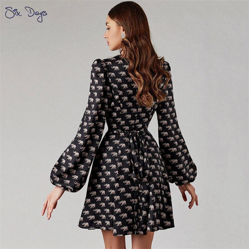 

Elegant Silk Short Dresses 2021 Women Party Dress Sexy V Neck Print Lantern Sleeve A-Line Evening Prom Clothes Lady Robe Black