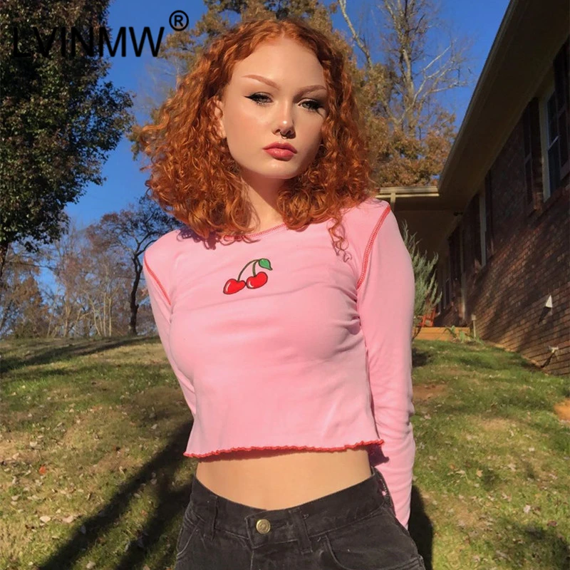 LVINMW сексуальный короткий топ с принтом вишни круглым вырезом и рюшами в стиле
