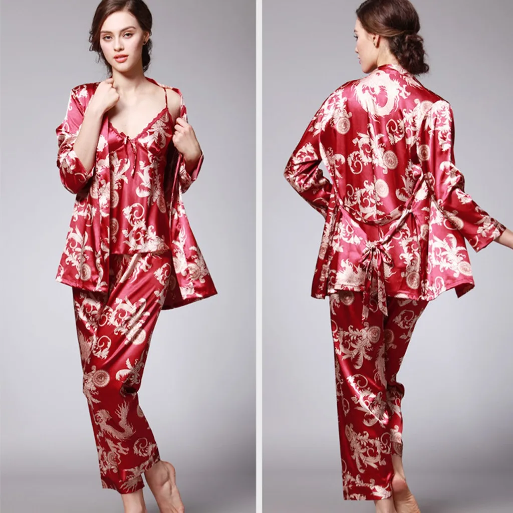 Женский пижамный комплект из 2 предметов шелковые пижамы с принтом трех длинными