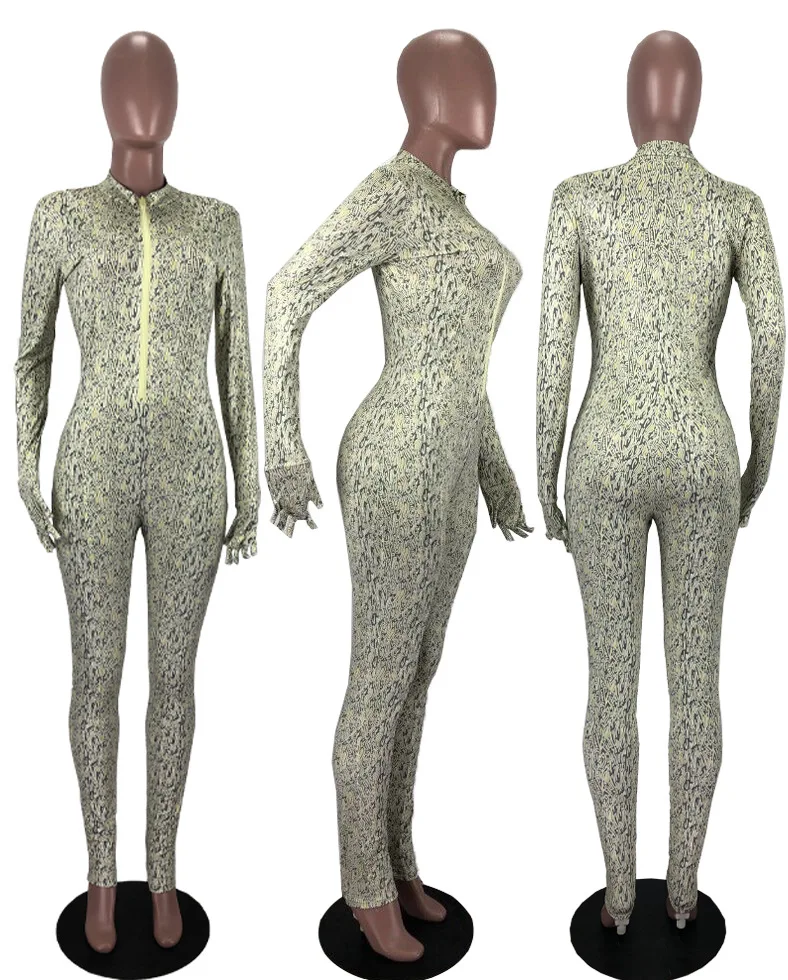 

Fashion Women Printing Casual Zipper Sportwear Jumpsuits 2020 Autumn Winter Lady's Skinny High Waist Long Sleeve Rompers