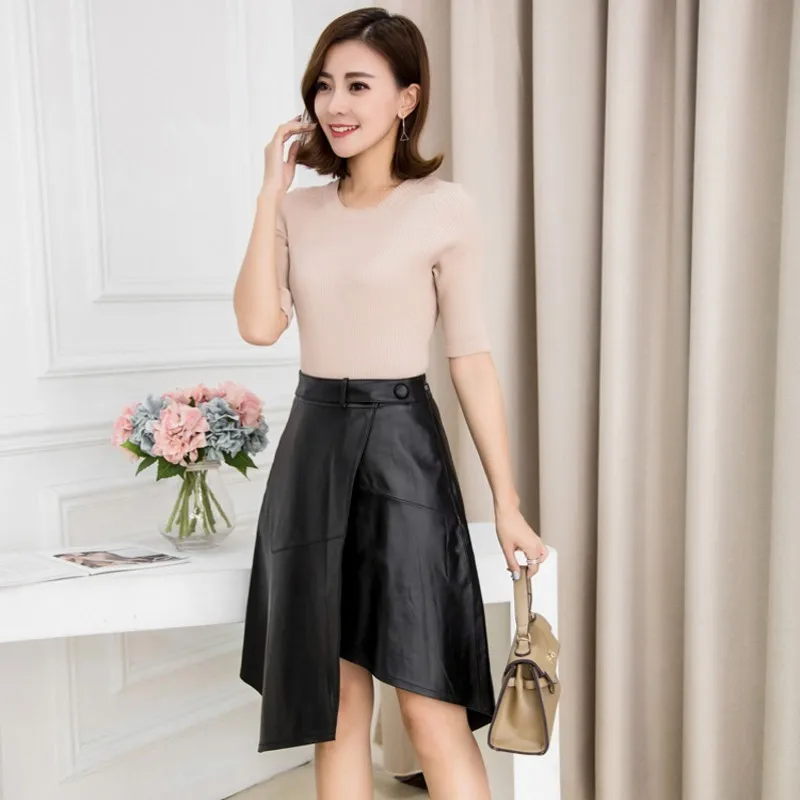 Top Quality Womens Genuine Leather Sheepskin Knee Length Asymmetrical Button Natural Waist Streetwear Skirts Spodnica