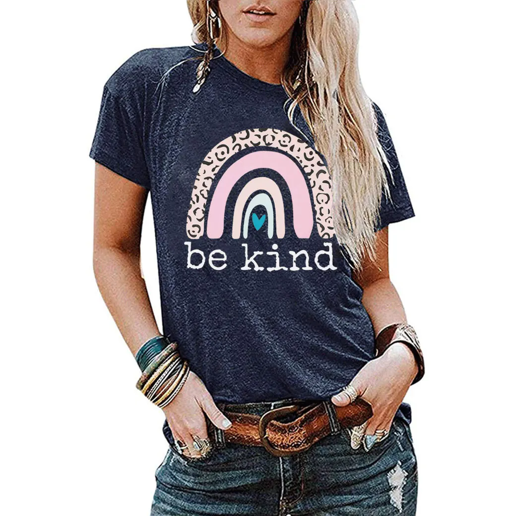 

Carney women's top new rainbow pattern bekind letter round neck short sleeve T-shirt