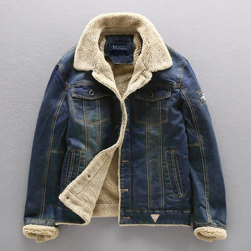 

Men's Warm Denim Jacket Fleece Solid Color Retro Lapel Padded Streetwear 2021 Winter Hot-Selling Pilot Fashion Clothing S-4XL