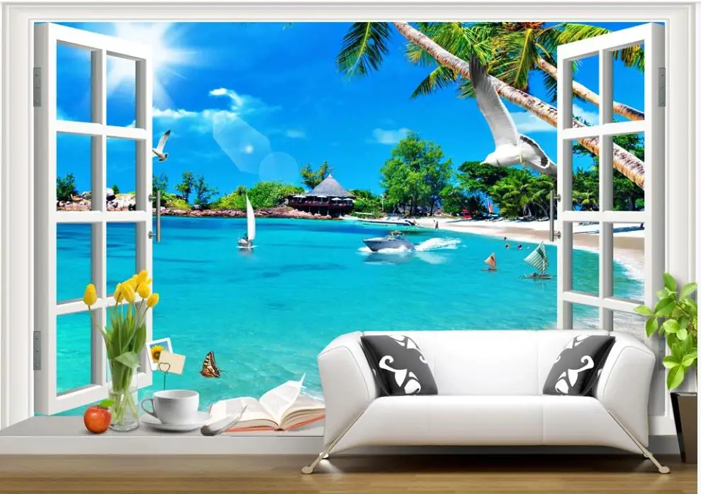 

Фотообои 3d на стену, с изображением голубого неба, морского пляжа, окна, пейзажа, Декор для дома, фотообои для гостиной