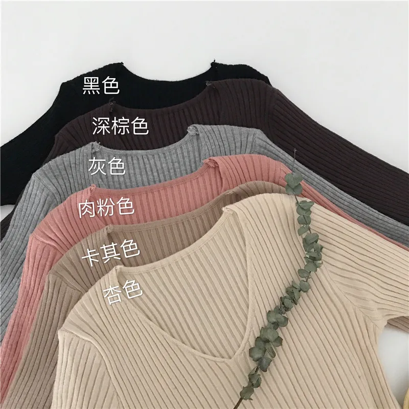 

Autumn Winter V Neck Nude Color Knit Sweater Women Tight-fitting Stretch Pullover Sweater Slim Basic Top