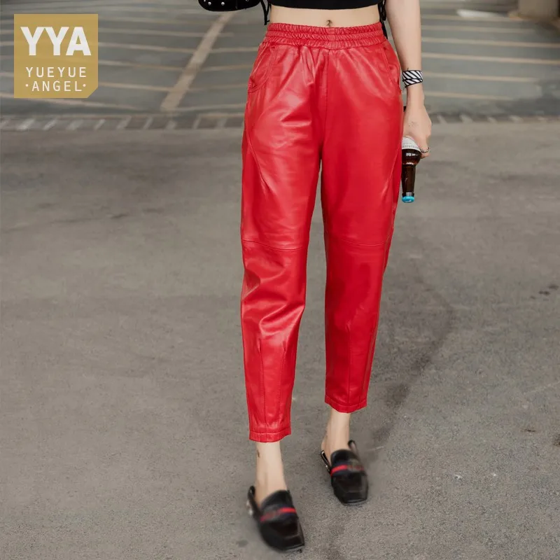 

High Street Fashion Solid Black Red Ankle Length Trousers Women Elastic Waist Loose Genuine Leather Pants Casual Pencil Pants