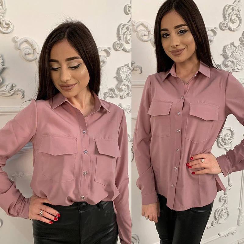 Для женщин Повседневное со сплошным карманом рубашка блуза с принтом отложной