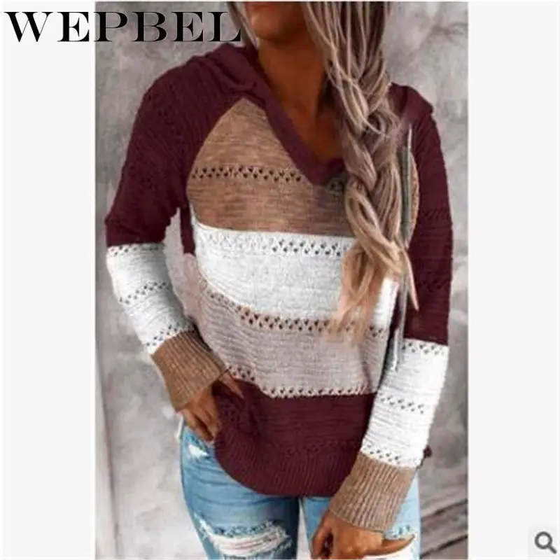 

WEPBEL Autumn V-neck Patchwork Hooded Sweater Women Long Sleeve Knitted Sweater Top Winter Striped Elegant Pullover Jumpers