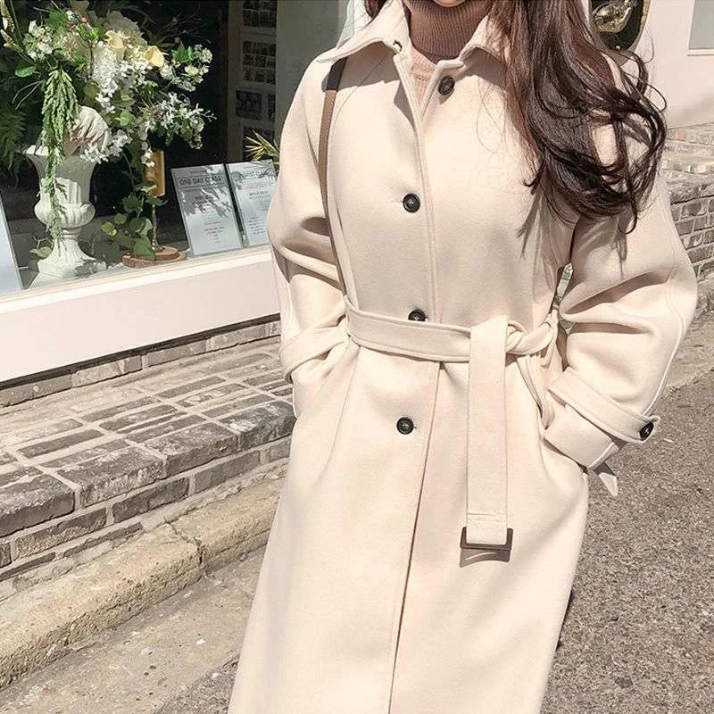 Coat Spring And 2022 Autumn And Winter Korean Version Thickened Cotton Sand Medium Length Waist Lace Up Wool Coat Women's