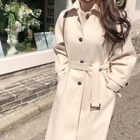 coat spring and autumn 2021 autumn and winter korean version thickened cotton sand medium length waist lace up wool coat womens