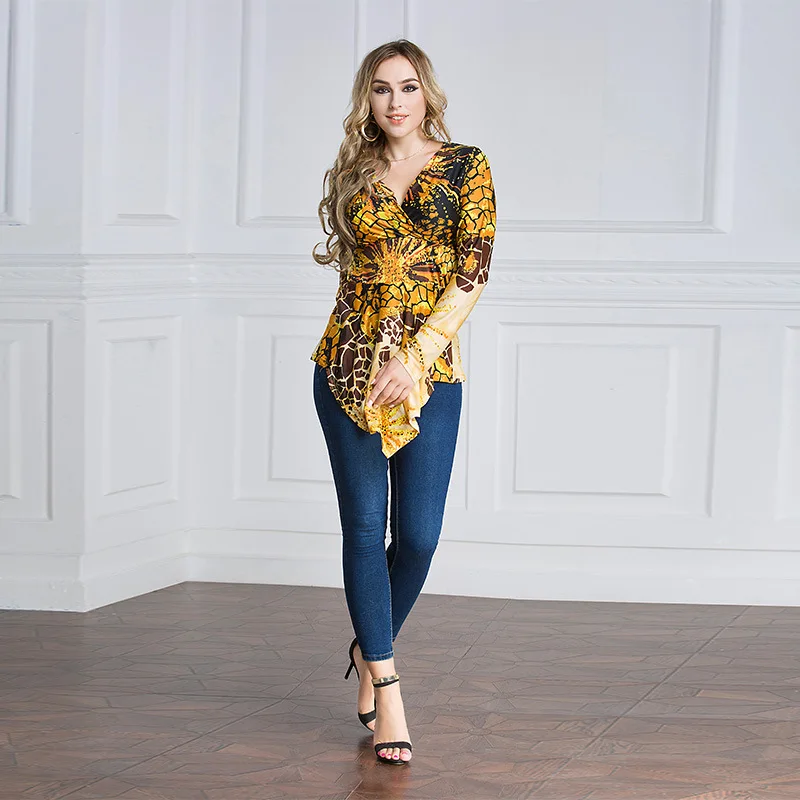 

Donsignet Женская блузка на весну-осень модное популярное размера плюс с v-образным вырезом, сексуальное, с печатным рисунком и длинным рукавом Н...