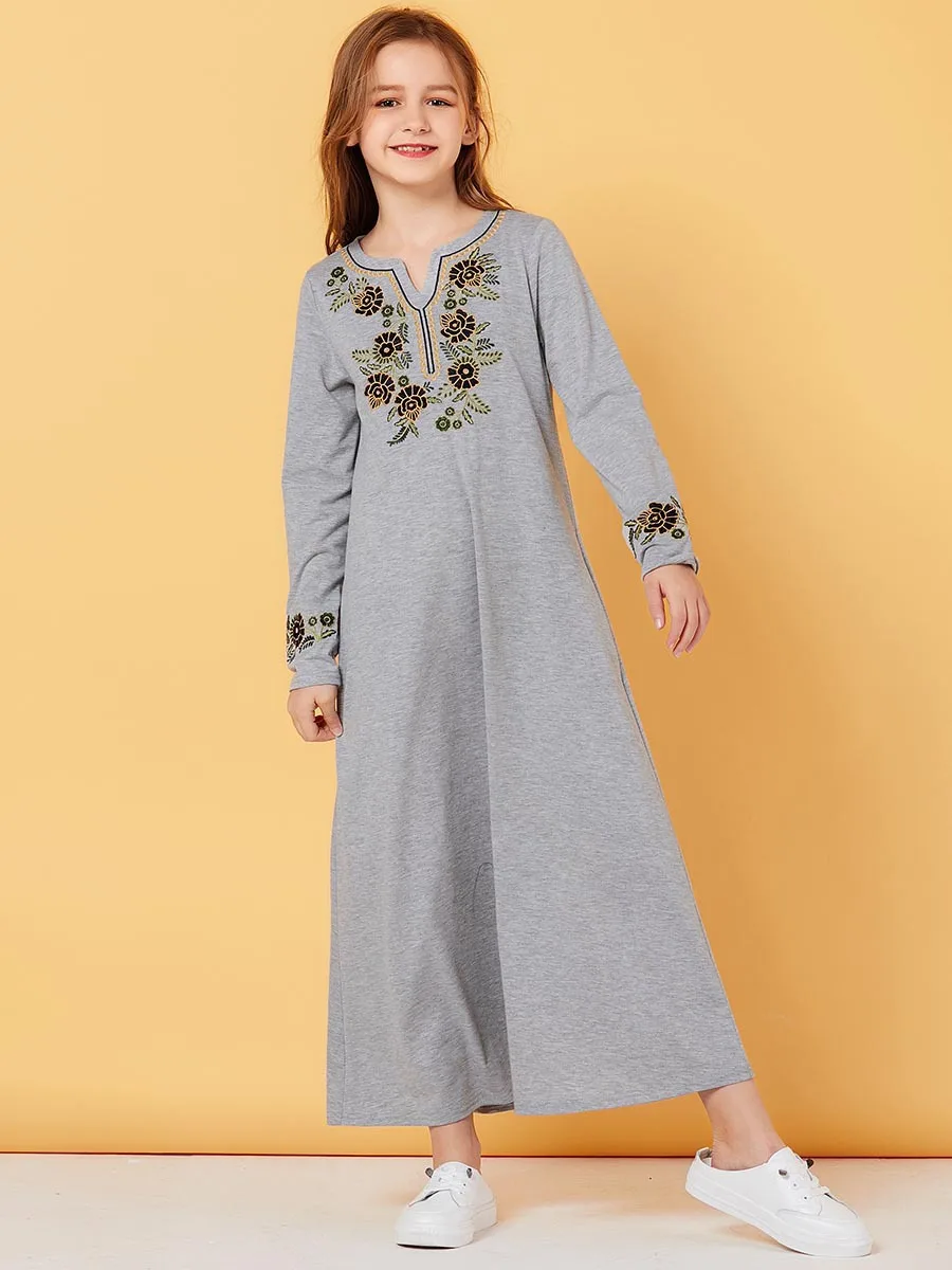 Женское серое мусульманское платье Цветочная Абая для детей Женский кафтан