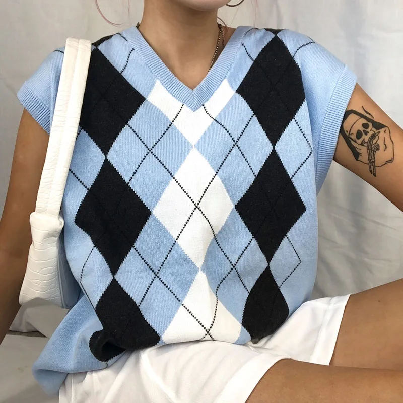 

E-girl Argyle Sweater Vest Women V Neck Sleevelss Knitted Vests Blue Preppy Style Fshion Checkered Soft Crop Top