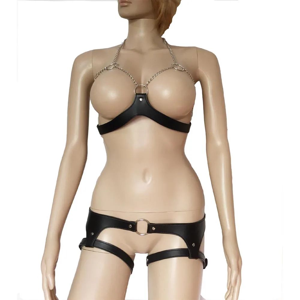 Женский комплект бикини из искусственной кожи с металлическими цепочками