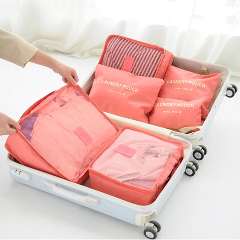 

6pcs/set Fashion Waterproof Luggage Travel Bags Organizer Double Zipper Clothes Shoes Makeup Laundry Bag Container Storage Case
