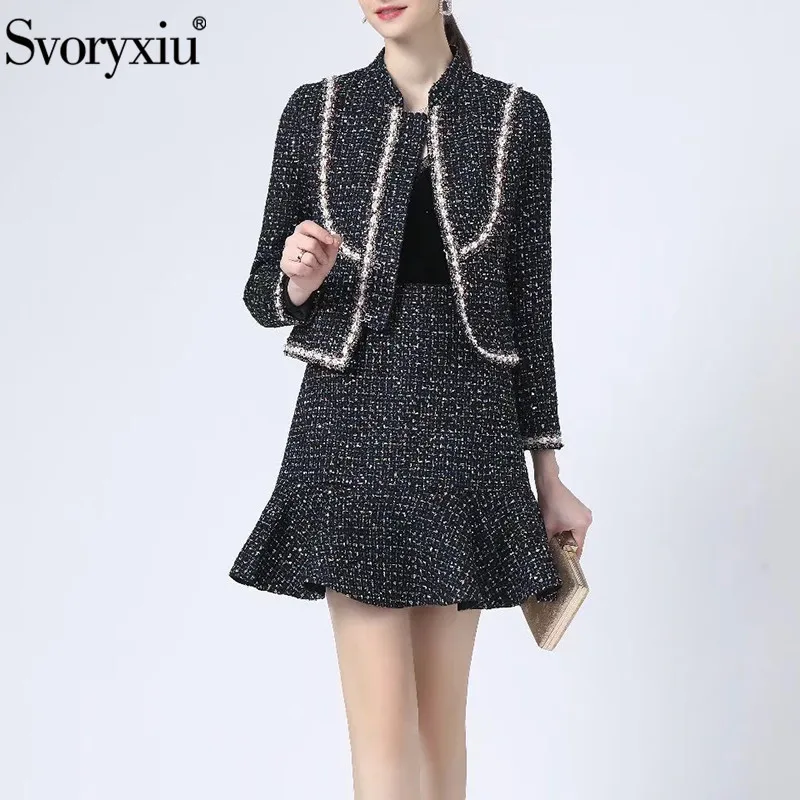 

Svoryxiu Runway Fashion Autumn Retro Short Skirts V-Neck Loose Coat Tops + High Waist Slim Ruffles Hem A-Line Skirts 2-Piece Set