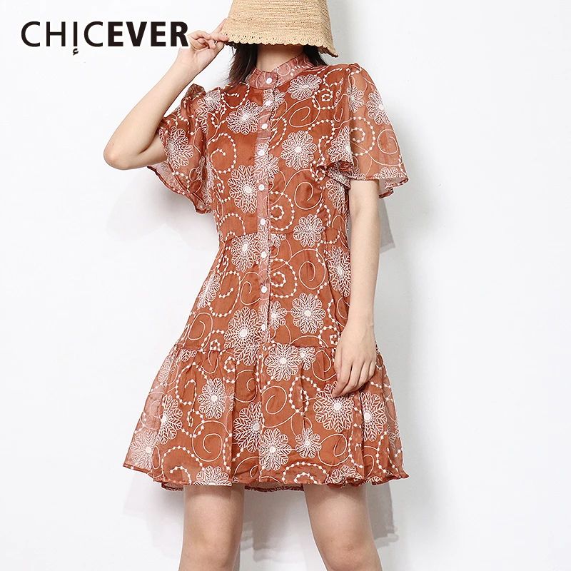 

CHICEVER Casual Print Women's Dress Lapel Short Sleeve High Waist Hit Color Dresses Female Fashionable New Clothing 2021 Style