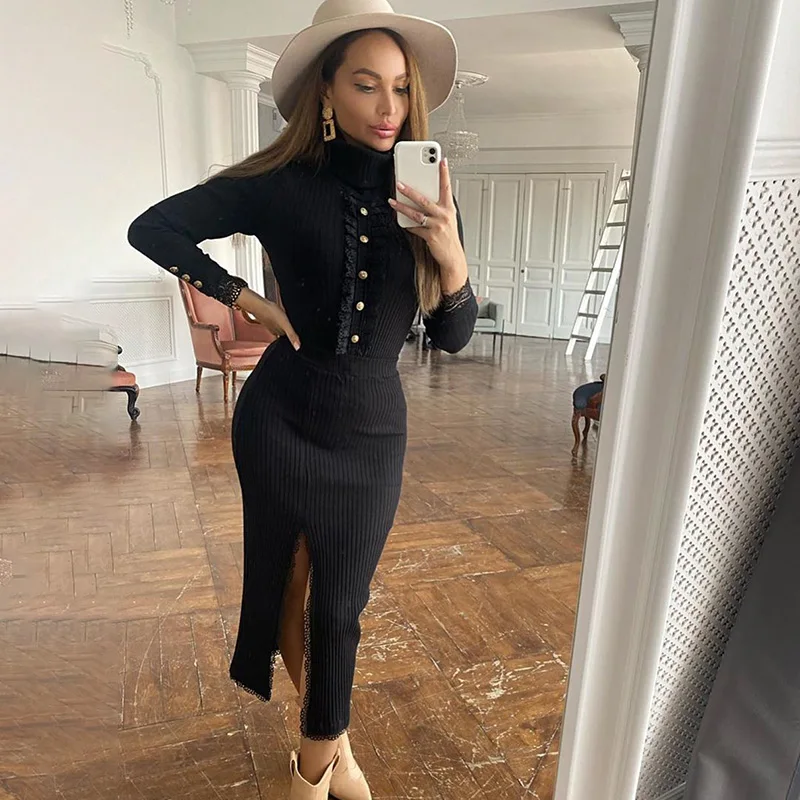 

Beyouare Ribbing Elegant Black Women Dresses Turtleneck Lace Button Long Sleeve Mid-Calf Split Dress 2020 Autumn Sexy Club Dress
