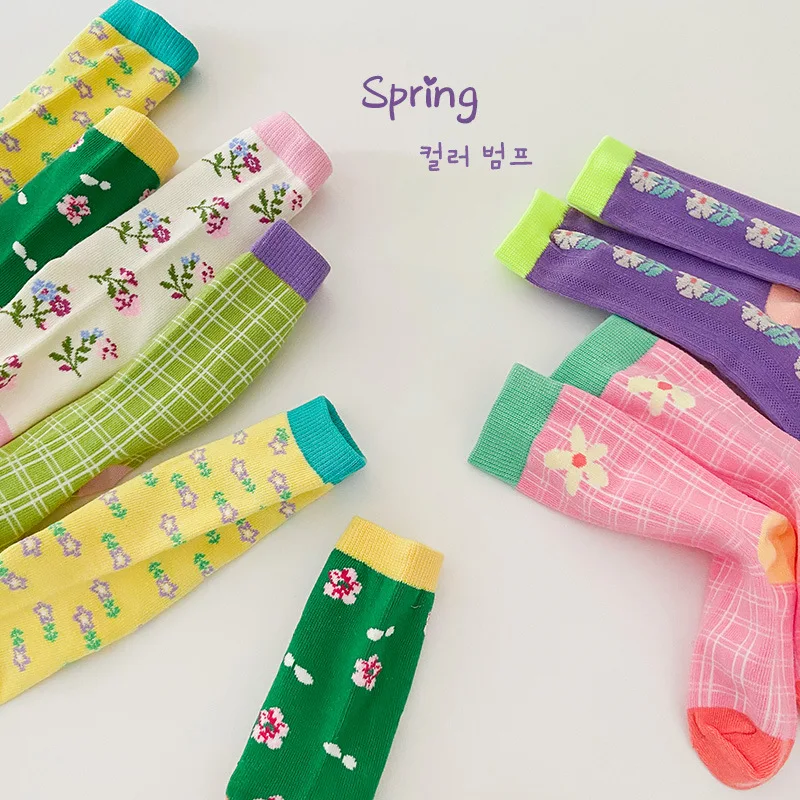 

3 пары/Лот Z286, весенние клетчатые носки с цветочным рисунком, корейские гольфы для девочек, детские носки для девочек