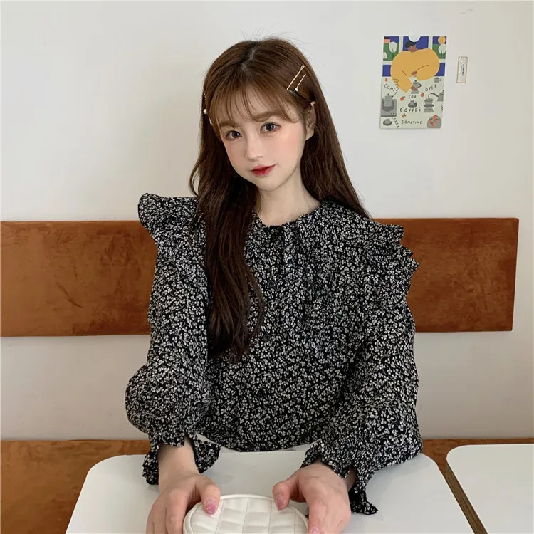 

Loose Sweet Style Print Blouse Women's Clothing Autumn Long Sleeve Ruffles Shirts Fashion Brand Ladies Tops Korean Clothes New