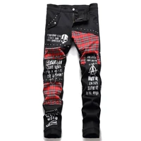 2021 korean fashion red plaid patchwork punk rivet men slim jeans trousers skull letters print hip hop chain denim pants spodnie