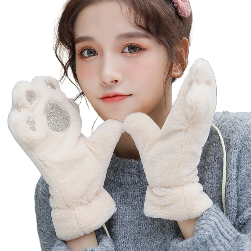 

Women Winter Thick Fluffy Plush Full Finger Gloves Cartoon Bear Paw Embroidery Student Outdoor Warm Mittens with String