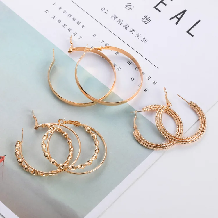 

ORNAPEADIA 2021 Fashion Hot Selling Earrings for Women Three-piece Set of Exaggerated Twisted Big Circle Earrings Wholesale