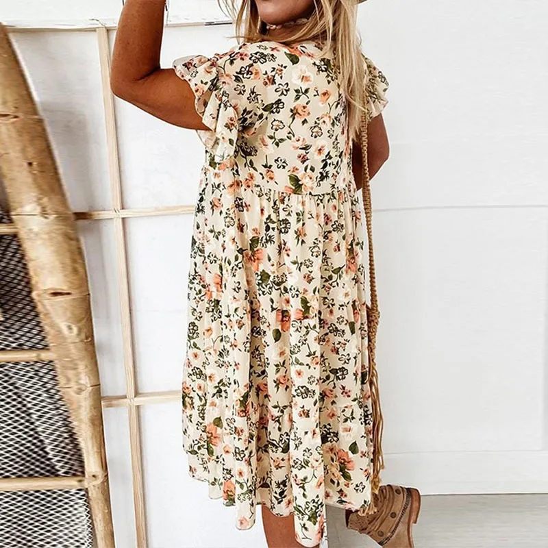 

2021 Summer Floral Print Dress Bohemian Ruffles Short Sleeve A-Line Dresses Elegant O-Neck Loose Mini Party Dresses Vestidos