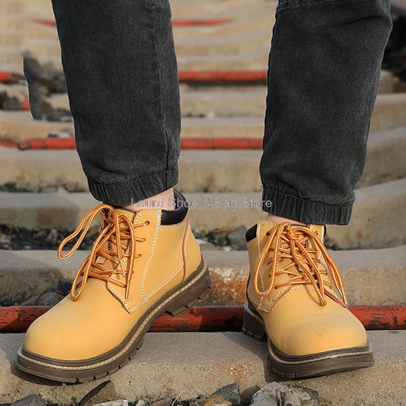 

high top safety shoes men ankle boots steel toe kevlar anti-puncture work safety shoes yellow male security boots dropshipping