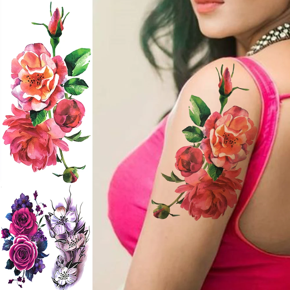 

Sexy 3D Peony Flower Temporary Tattoos For Women Girls Dahlia Lotus Daffodil Rose Tattoo Sticker Fake Blossom Tatoos Watercolor