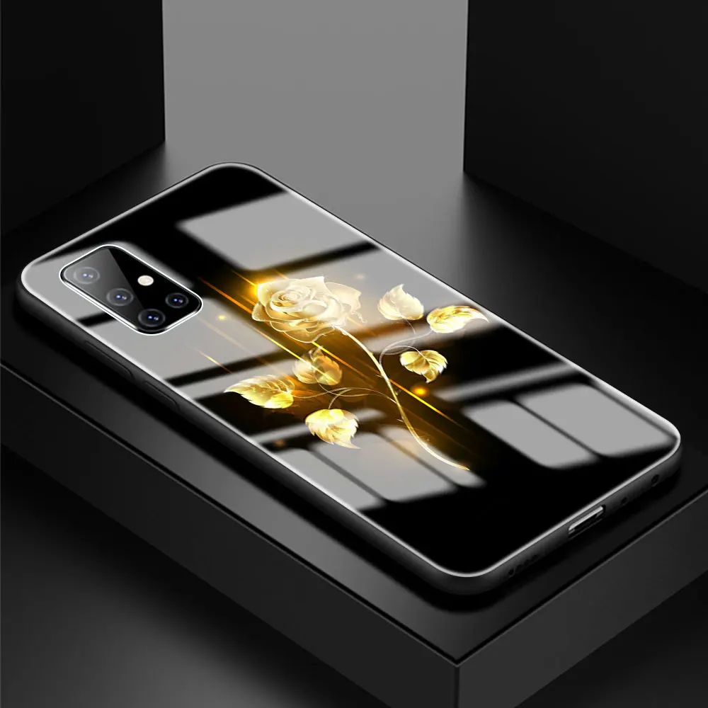 

Phone Case For Samsung Galaxy A51 A50 A71 A70 A31 A10 A21s A91 A40 A30 A41 A11 Tempered Glass Cover Gold Flower Butterfly