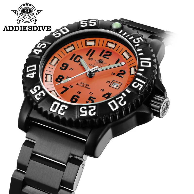 

Addies Dive Men's Outdoor Sports Watch Orange dial Rotating Bezel Military Luminous Watch Alloy case Miyota 2115 Quartz Watches