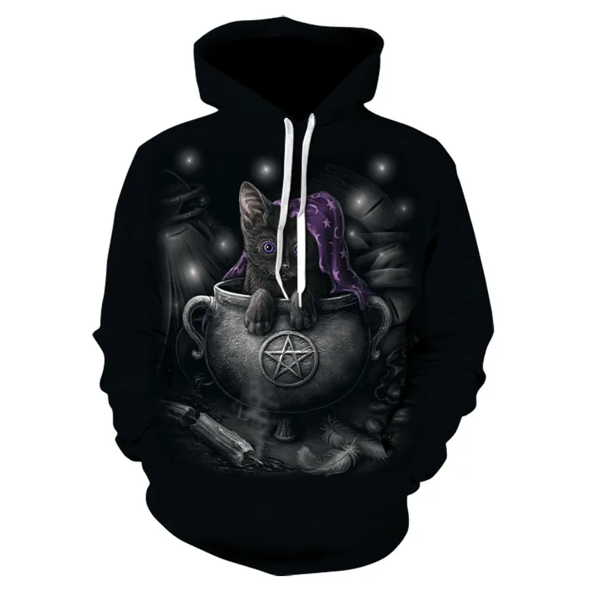 

2021 spring new black cat men's hoodie 3D printing funny sweater outdoor casual sweater hoodie men's hoodie