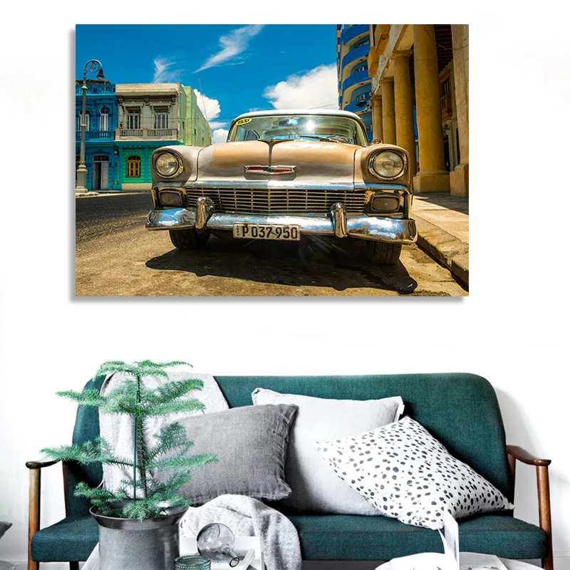 

Canvas Painting Retro Chevrolets Bel Air in Cuba Vintage Car Posters Modern Wall Art Prints for Living Room Home Decor