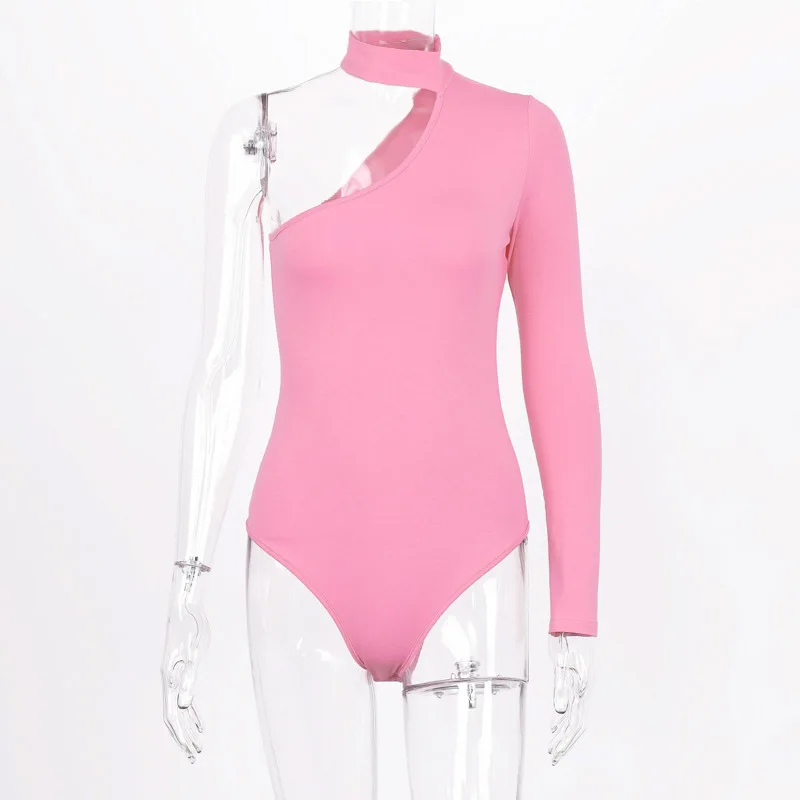 pink Криптографический хлопковый модный однотонный боди на одно плечо с бретелькой через шею для женщин, Модный облегающий Повседневный боди с воротником - Цвет: pink