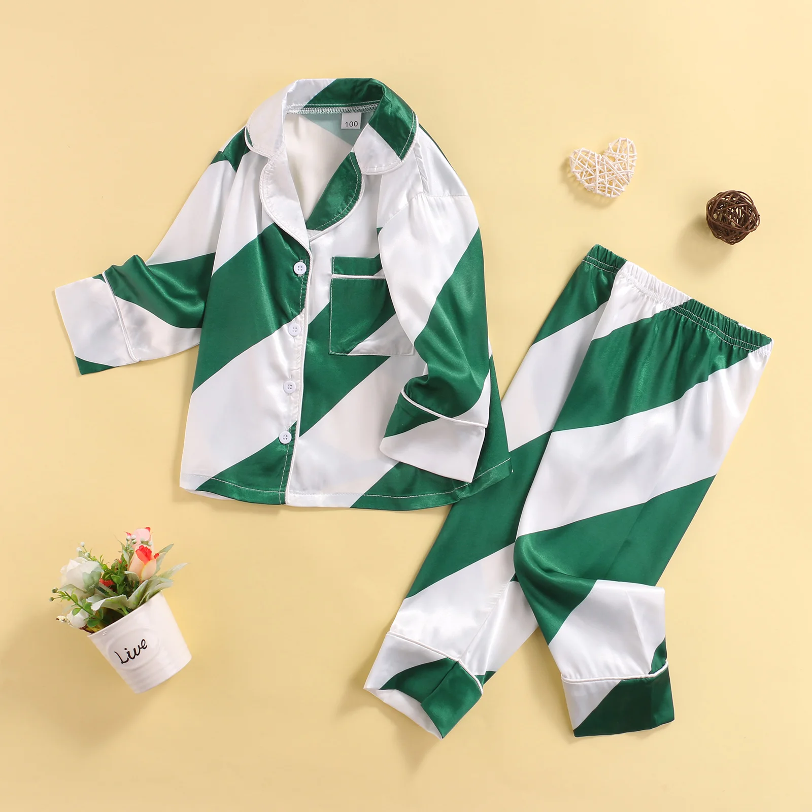 

1-6 Years Kids Christmas Two-piece Pajamas Set, Stripe Printed Pattern Long Sleeve Tops and Pants, Red/ Dark Green