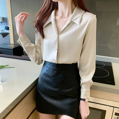 

Satin Chiffon Shirt Women 2021 Spring New Solid Color Long Sleeve Shirt Women Professional Eegant Chiffon Shirt