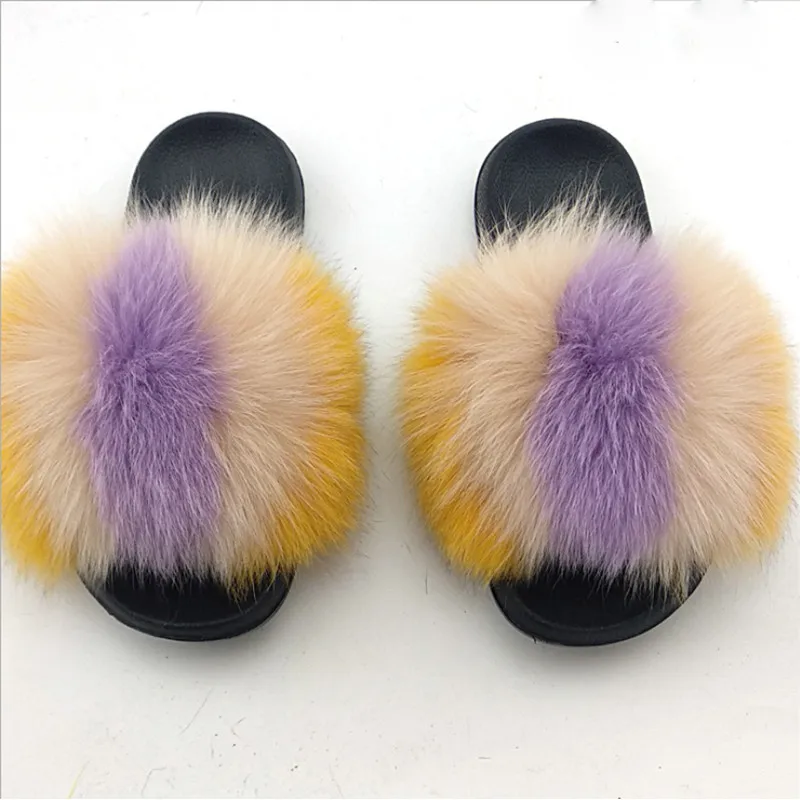 

Children's Colorful Fluffy Fox Fur Slides Kids Fashion Cute Home Plush Slippers Baby Furry Sandals Summer Girl's Soft Flat Shoes