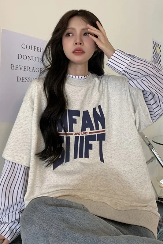 Толстовки большого размера женский топ из двух частей с длинными рукавами и