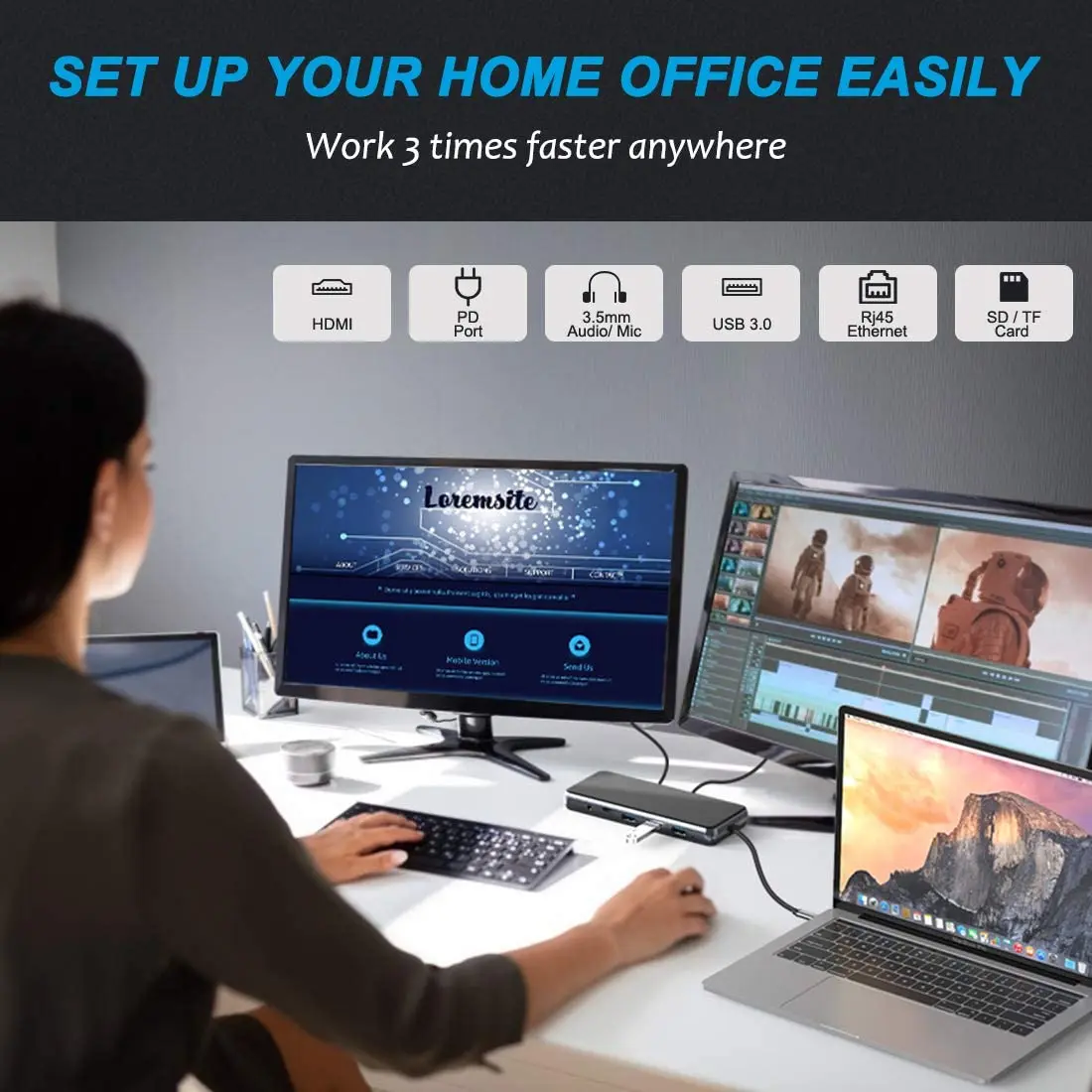 Док-станция 12 в 1 USB C-концентратор 3USB/2HDMI/VGA/RJ45/100 Вт переходник PD/Aux разветвитель для